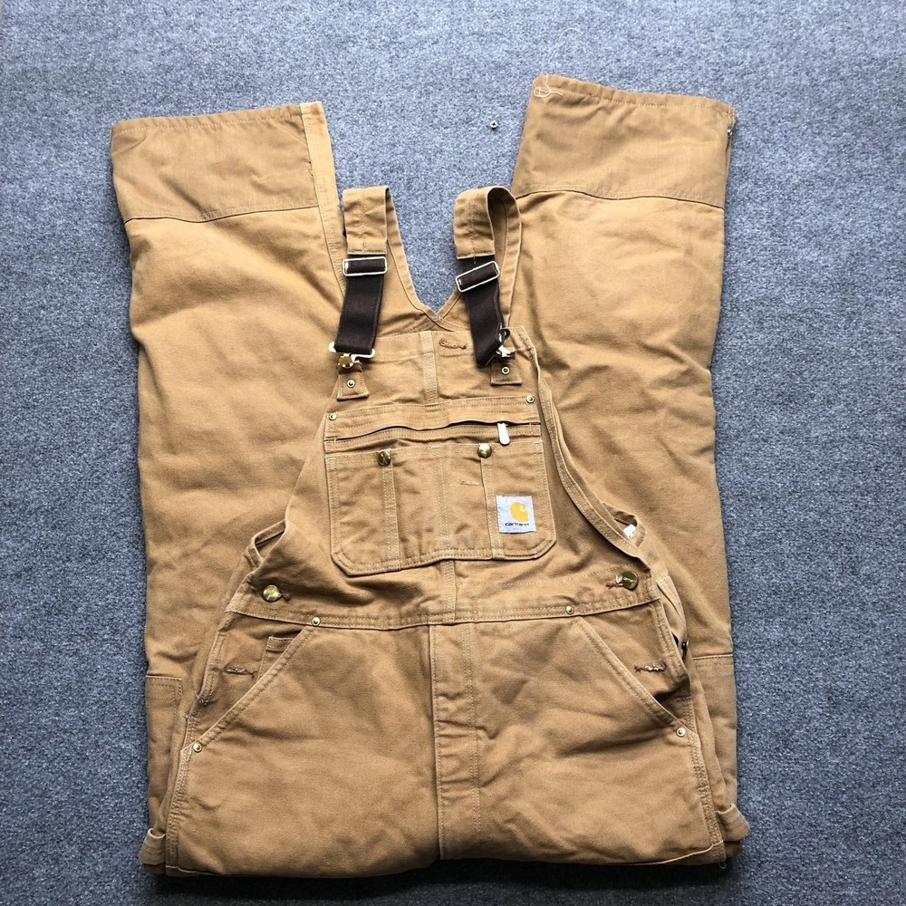 Carhartt Overalls Mens 36x34 Brown Duck Canvas Bib Workwear Zipper Legs R01
